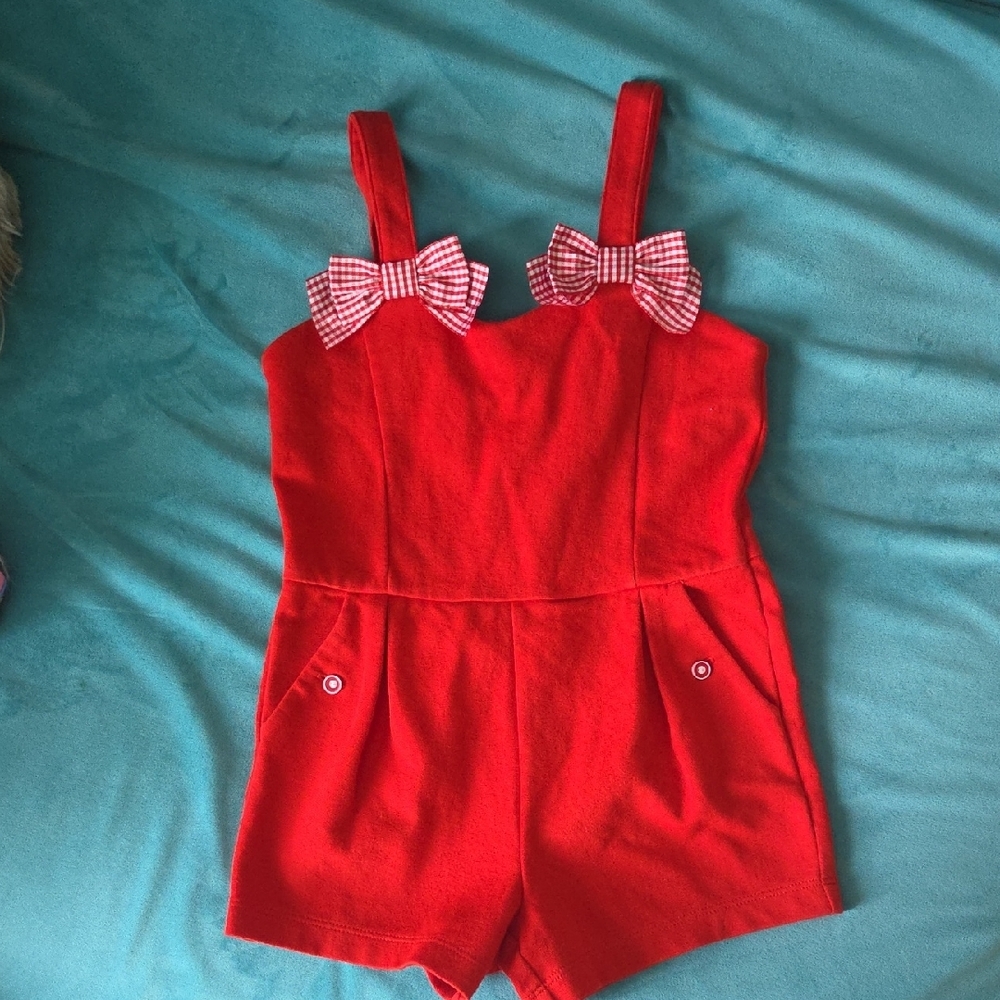 Janie and Jack Red Romper with Playful Bows